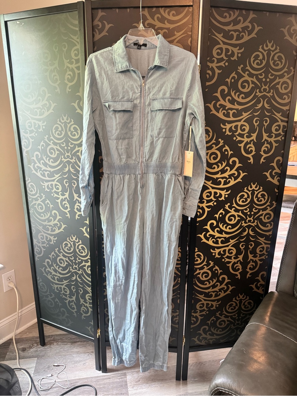 Light Blue Long-Sleeve Utility Jumpsuit with Elastic Waist